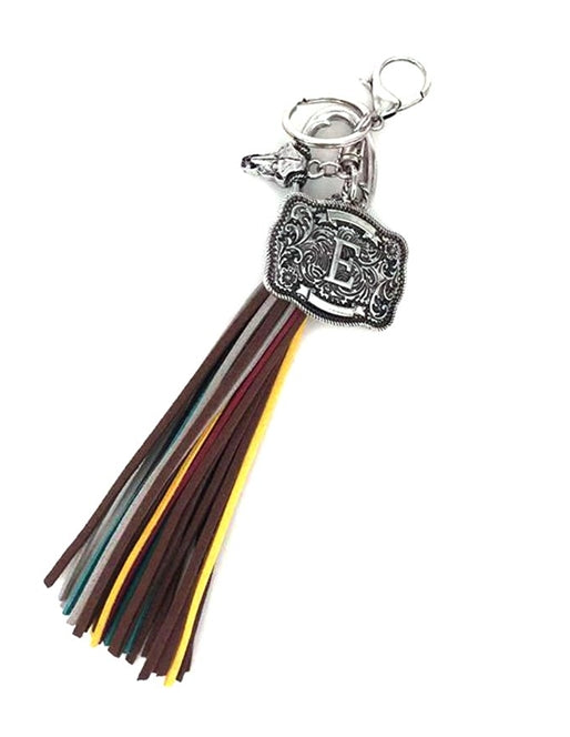 Western Belt Buckle Initial Multi Color Tassel Keychain