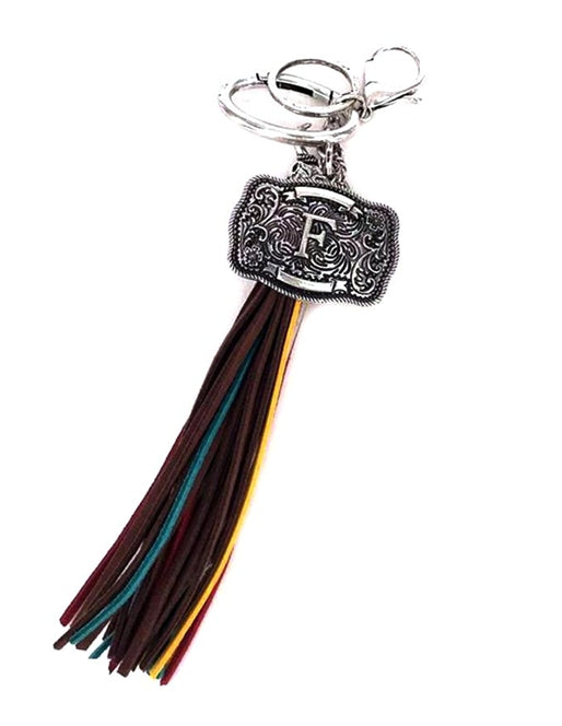 Western Belt Buckle Initial Multi Color Tassel Keychain