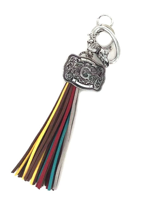 Western Belt Buckle Initial Multi Color Tassel Keychain