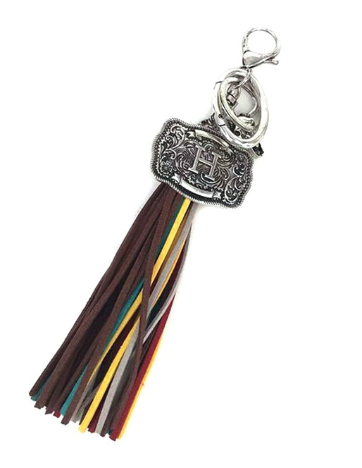 Western Belt Buckle Initial Multi Color Tassel Keychain