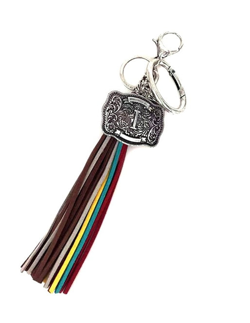 Western Belt Buckle Initial Multi Color Tassel Keychain