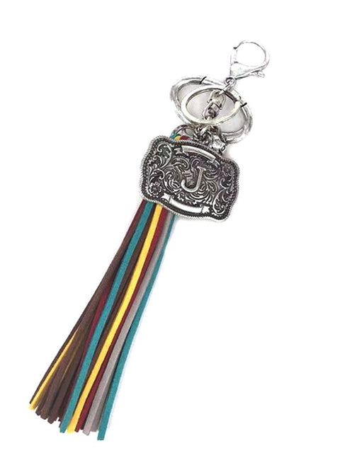 Western Belt Buckle Initial Multi Color Tassel Keychain