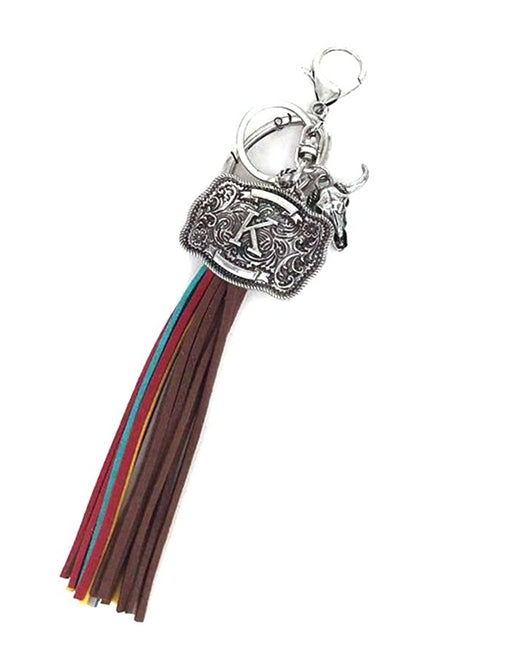 Western Belt Buckle Initial Multi Color Tassel Keychain