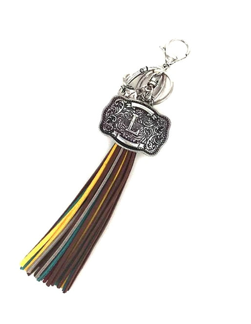 Western Belt Buckle Initial Multi Color Tassel Keychain
