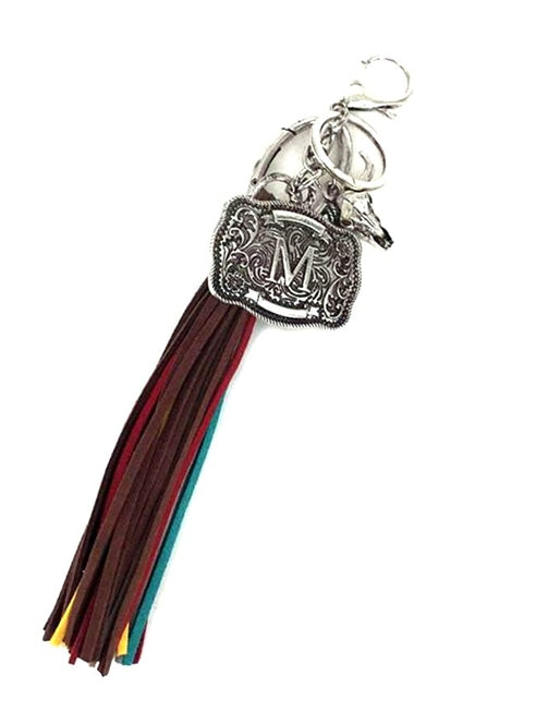 Western Belt Buckle Initial Multi Color Tassel Keychain