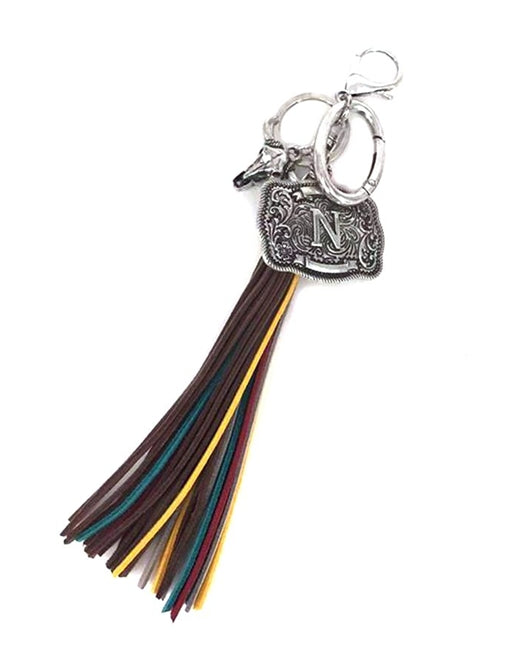 Western Belt Buckle Initial Multi Color Tassel Keychain