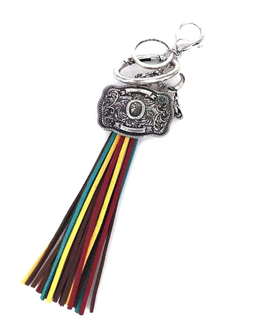 Western Belt Buckle Initial Multi Color Tassel Keychain