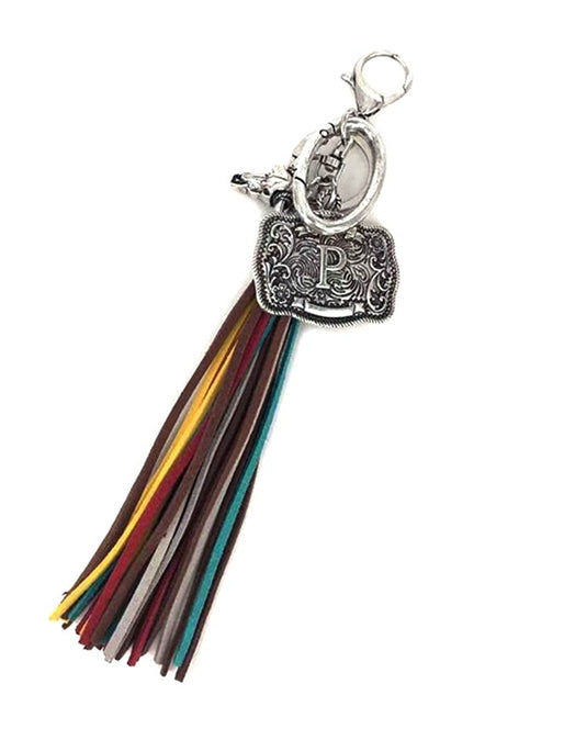 Western Belt Buckle Initial Multi Color Tassel Keychain