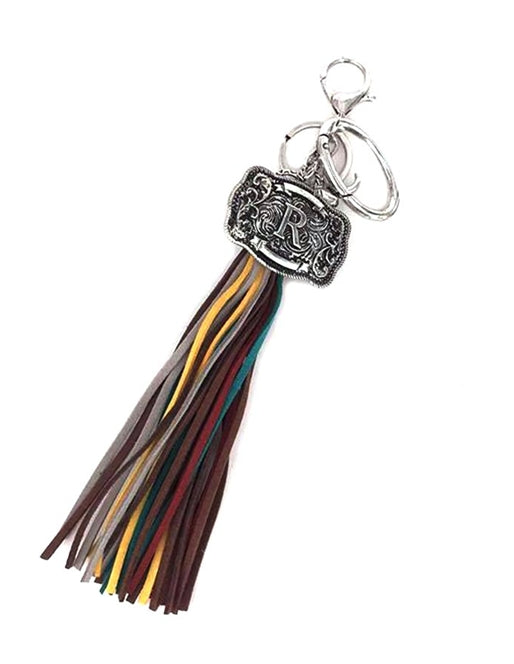 Western Belt Buckle Initial Multi Color Tassel Keychain