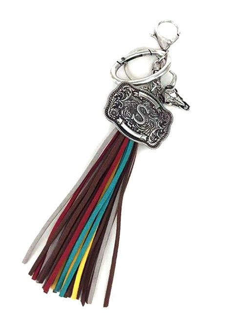 Western Belt Buckle Initial Multi Color Tassel Keychain