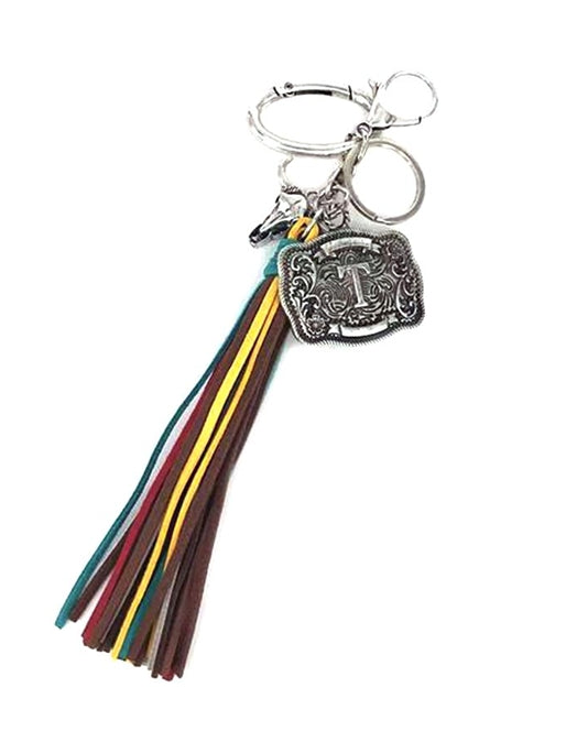 Western Belt Buckle Initial Multi Color Tassel Keychain