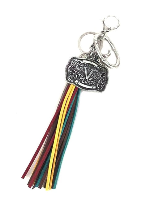 Western Belt Buckle Initial Multi Color Tassel Keychain