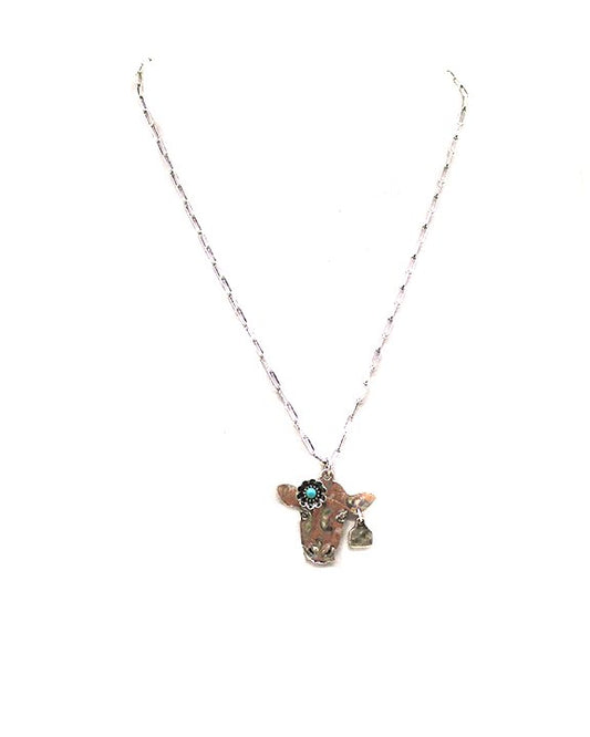 Western Turquoise Flower Cow Head Necklace
