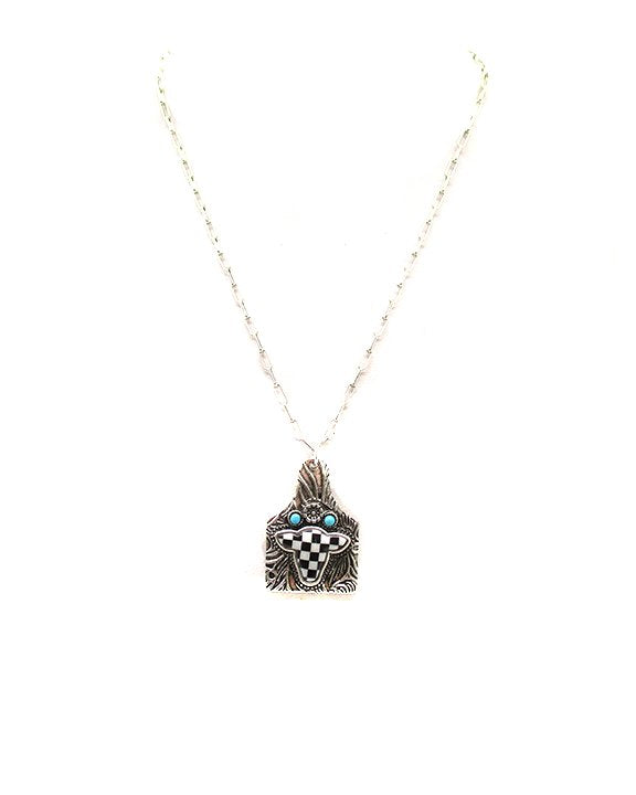 Western Cattle Tag Cow Head Checker Necklace