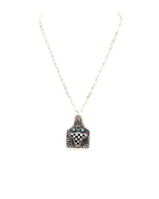 Western Cattle Tag Cow Head Checker Necklace