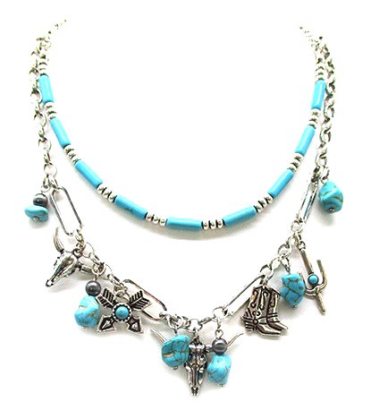 Western Theme 2 Layered Turquoise Charm Necklace