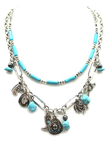 Western Theme 2 Layered Turquoise Charm Necklace