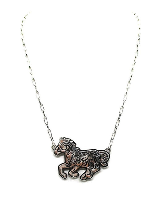 Western Etched Running Horse Necklace
