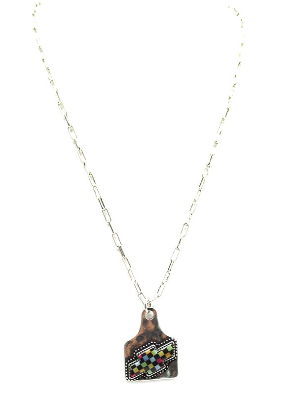 Rainbow Checkered Cross Cattle Tag Necklace