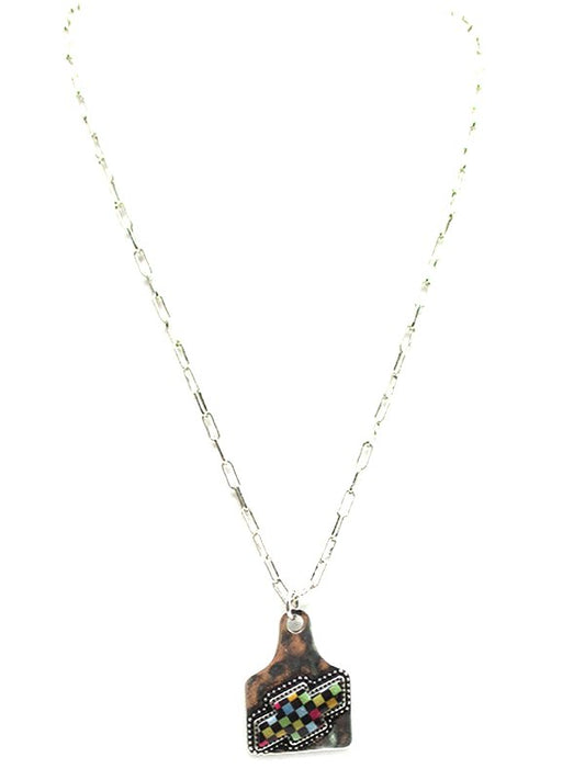 Rainbow Checkered Cross Cattle Tag Necklace