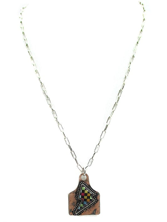 Rainbow Checkered Thunder Bolt Cattle Tag Necklace