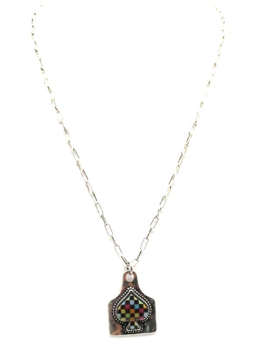 Rainbow Checkered Spade Cattle Tag Necklace
