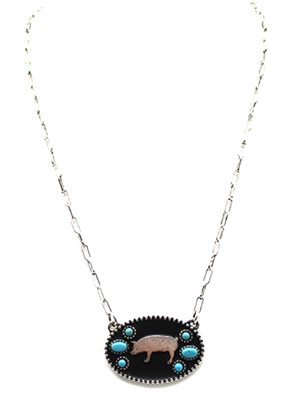 Western Oval Pig Silhouette Turquoise Stone Necklace