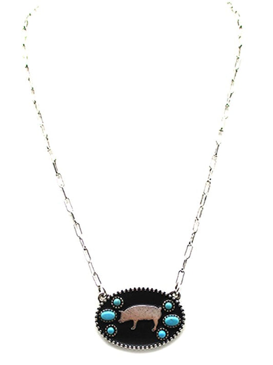 Western Oval Pig Silhouette Turquoise Stone Necklace
