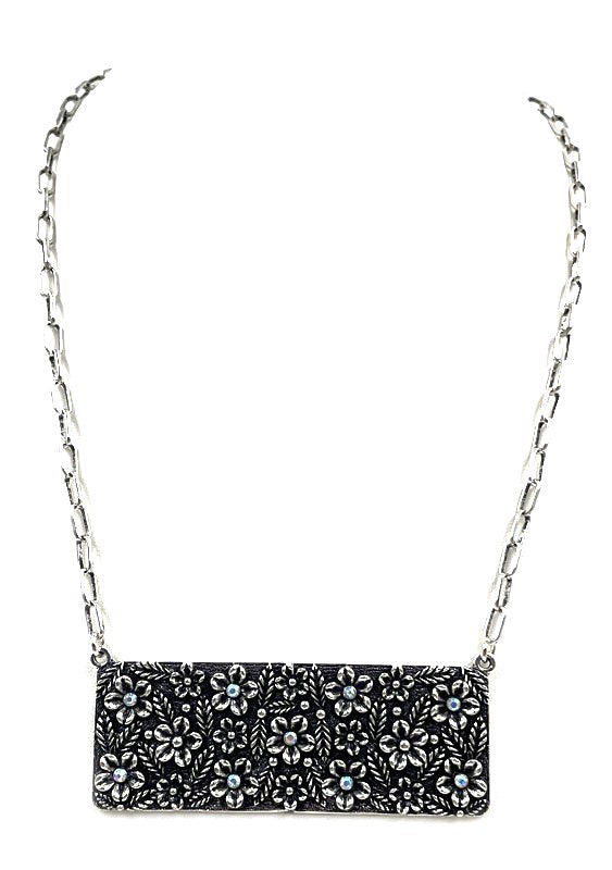 Western Flower Stone Metal Plate Necklace