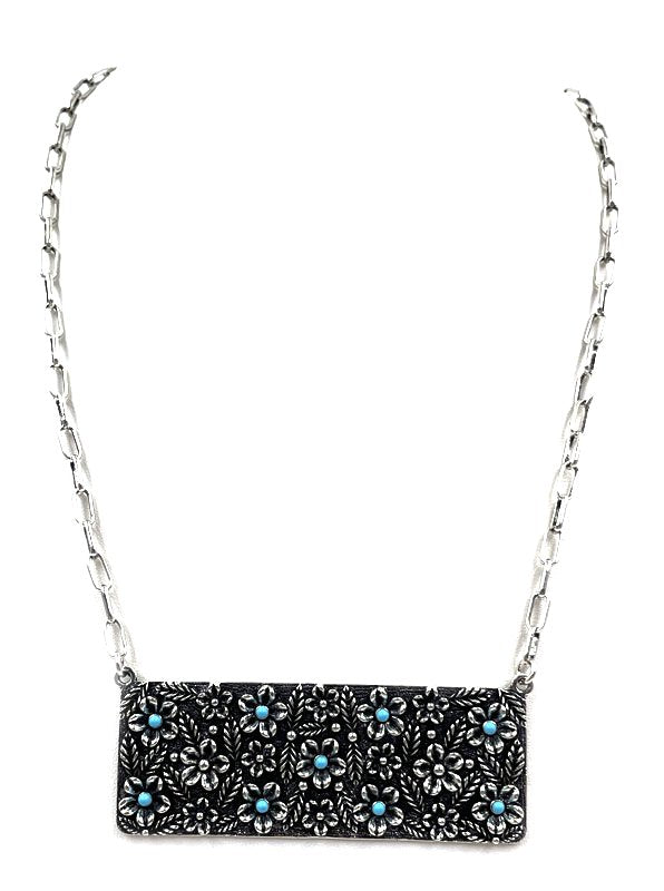 Western Flower Stone Metal Plate Necklace