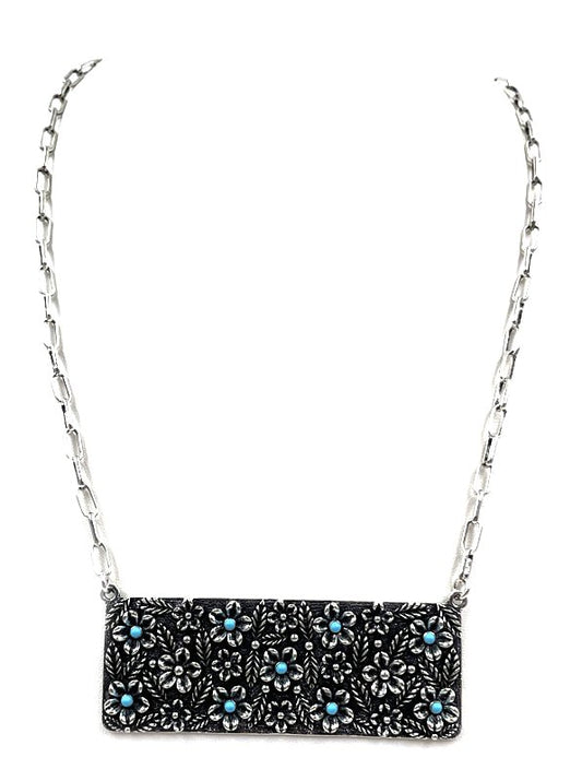 Western Flower Stone Metal Plate Necklace