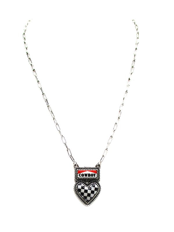 Western Checkered Heart Cowboy Pendant Necklace