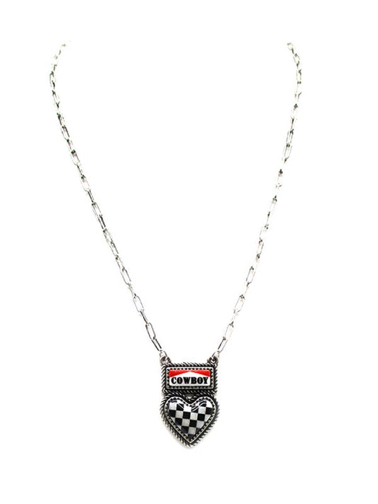 Western Checkered Heart Cowboy Pendant Necklace