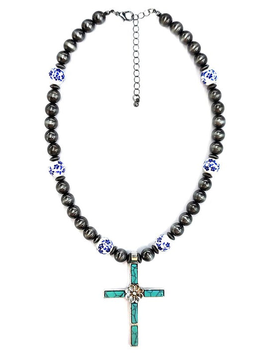 Western Turquoise Cross Navajo Pearl Necklace