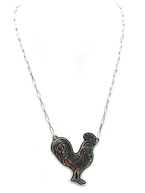 Western Etched Rooster Necklace