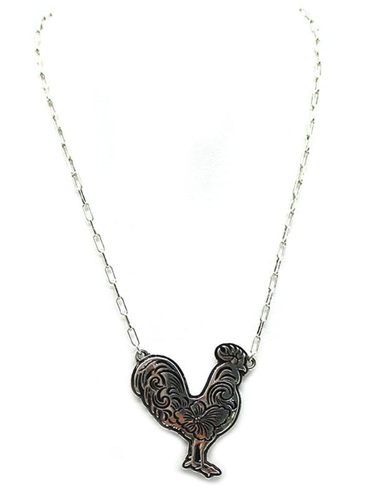 Western Etched Rooster Necklace