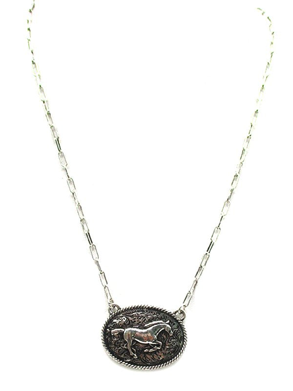Western Running Horse Oval Plate Necklace