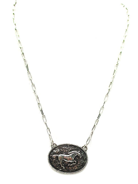 Western Running Horse Oval Plate Necklace