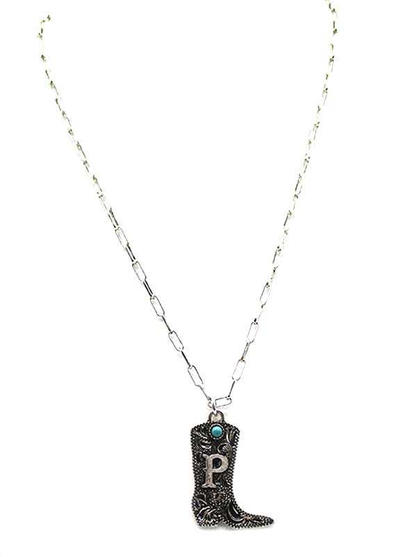 Western Cowboy Boots Turquoise Initial Necklace