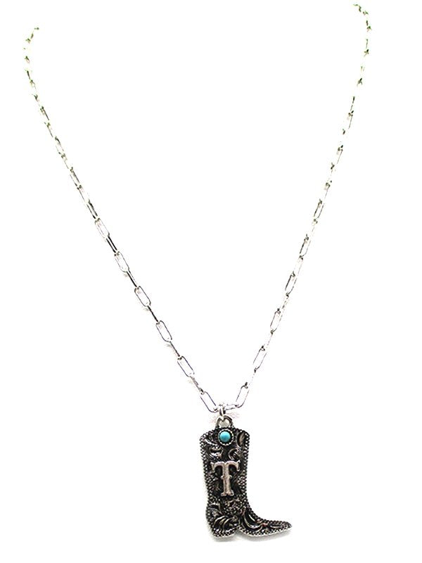 Western Cowboy Boots Turquoise Initial Necklace