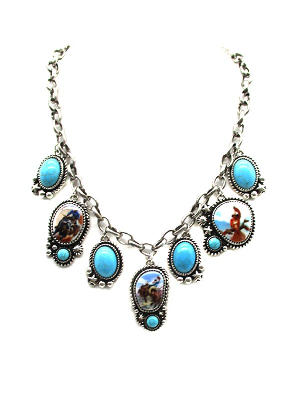 Western Theme Portrait Turquoise Charm Necklace