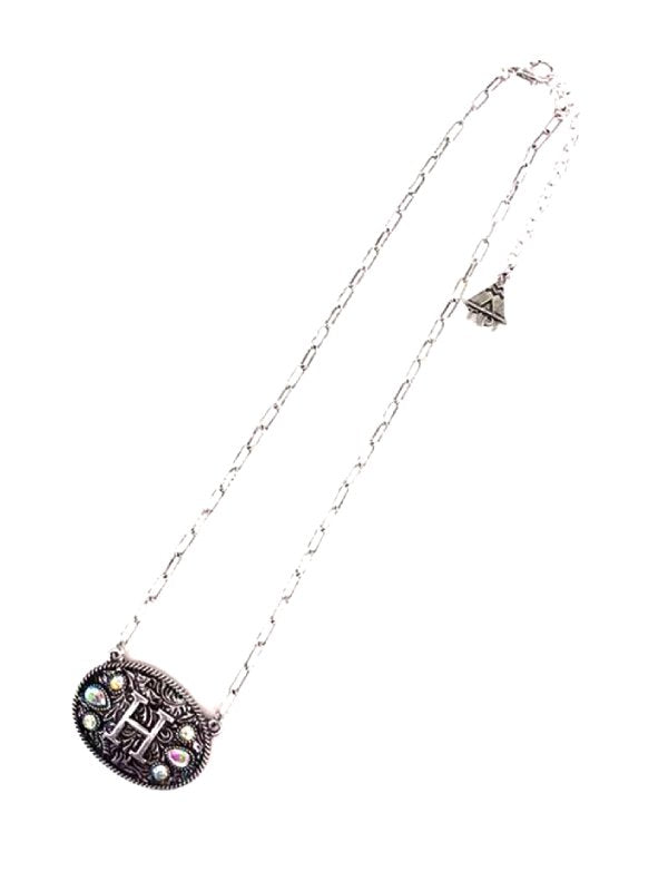 Western Oval Belt Buckle AB Initial Necklace
