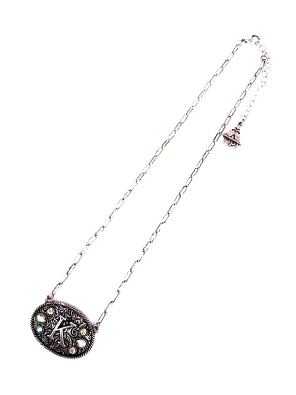 Western Oval Belt Buckle AB Initial Necklace