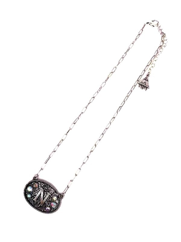 Western Oval Belt Buckle AB Initial Necklace