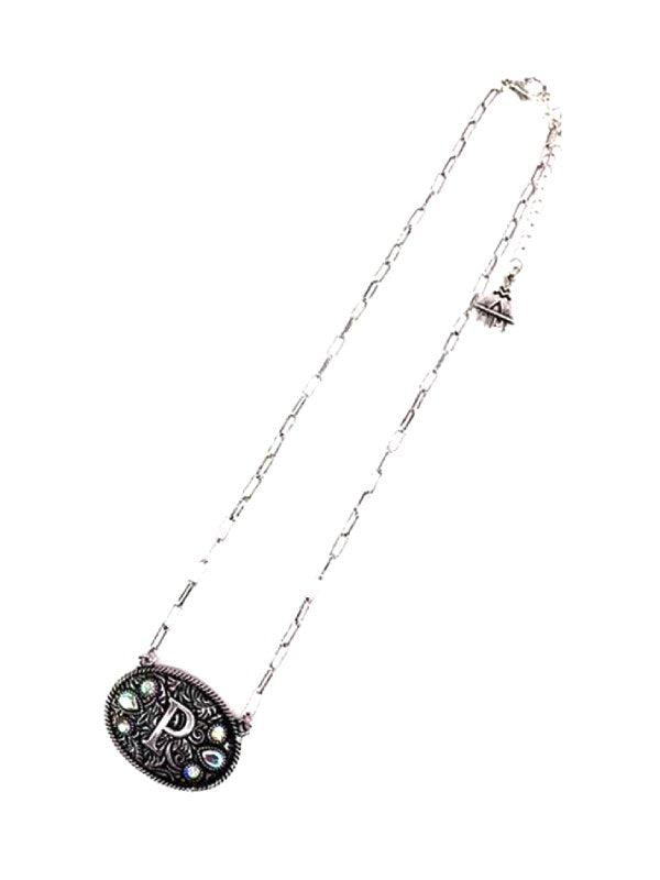 Western Oval Belt Buckle AB Initial Necklace