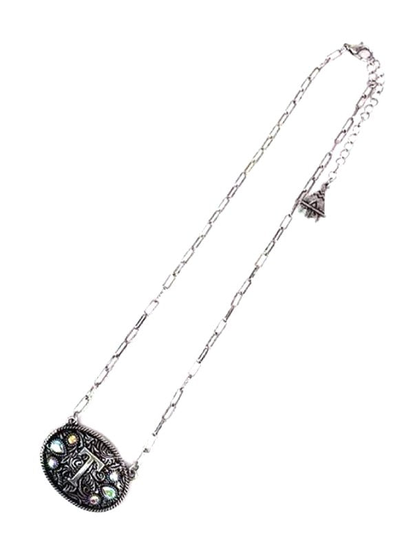 Western Oval Belt Buckle AB Initial Necklace
