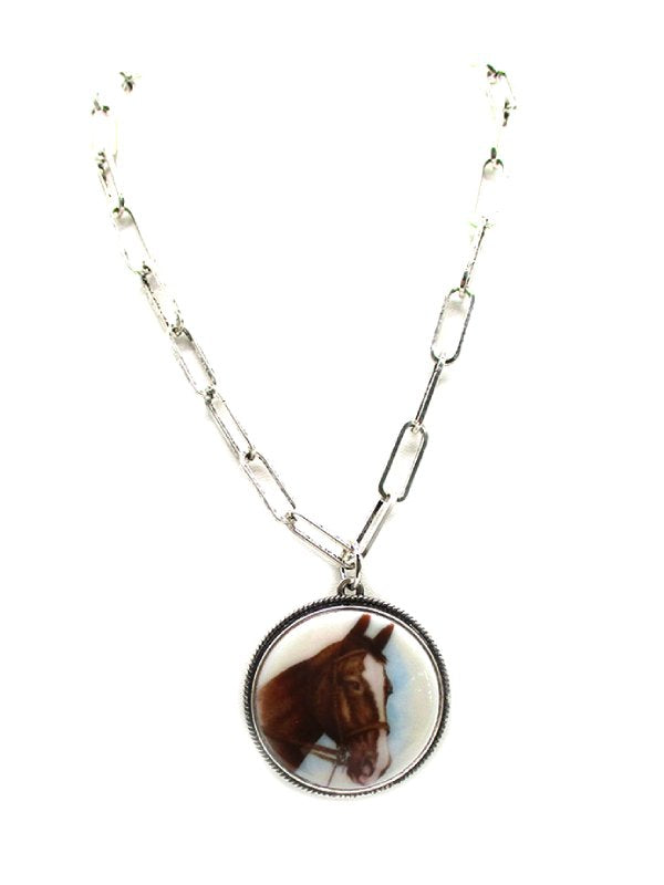 Western Horse Portrait Round Pendant Necklace