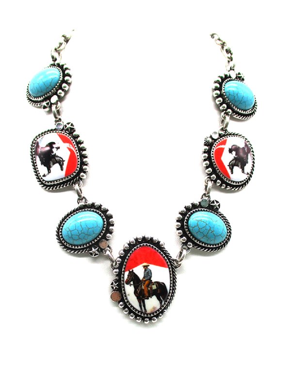 Western Turquoise Cowboy Portrait Necklace