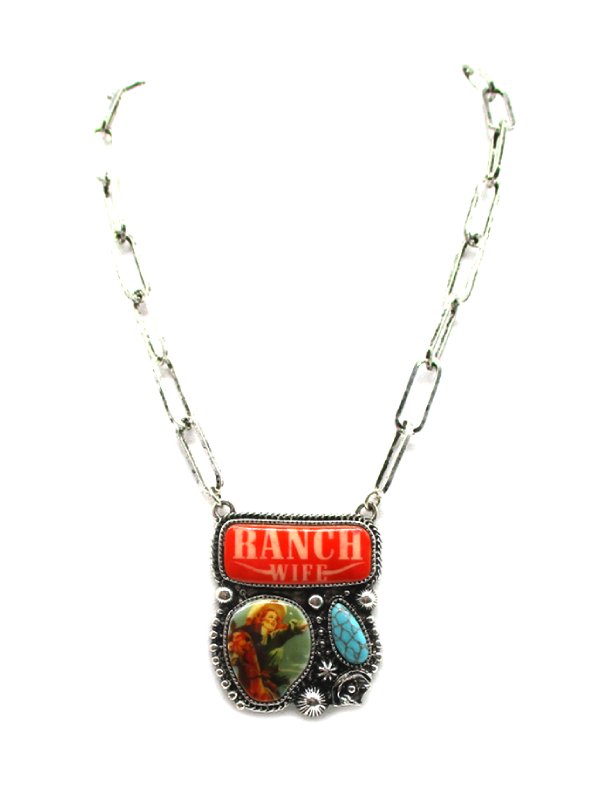 Western Ranch Wife Turquoise Portrait Pendant Necklace
