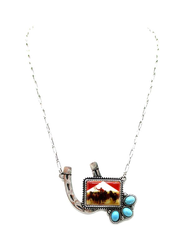 Western Cowboy Portrait Horse Shoe Pendant Necklace